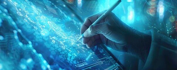 Aufkleber - A hand holding a stylus interacts with a glowing digital interface, creating futuristic designs and data visualizations.