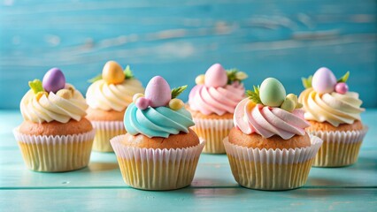 Easter themed cupcakes with pastel cream designs on a blue background with copy space