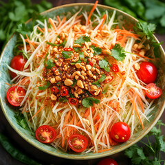 Som Tam is a spicy and refreshing green papaya salad from Thai cuisine.