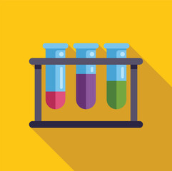 Poster - Colorful vector illustration in flat design of three test tubes with colored liquid in a support are standing on yellow background