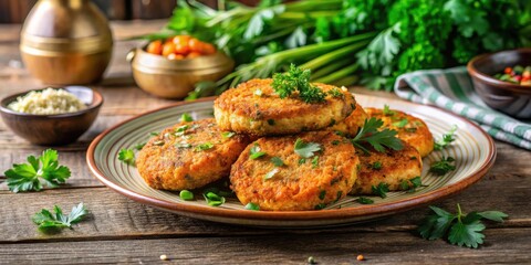 Healthy fried carrot cutlets with green onions and parsley served on a plate and wooden table