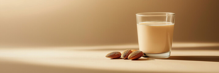 a glass of almond milk with a few almonds beside it against an isolated almond background