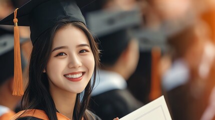 Smiling graduate in cap and gown holding diploma, celebrating academic achievement at graduation ceremony.