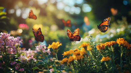 Wall Mural - Monarch Butterflies in a Vibrant Garden