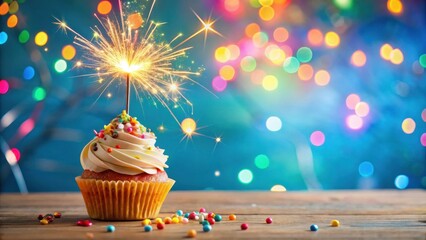 Colorful birthday party background with cupcake sparkler and falling confetti