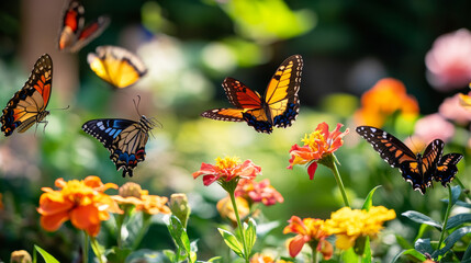 Wall Mural - Colorful Butterflies on Blooming Flowers in a Lush Garden