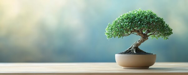 Serene bonsai tree on wooden table with blurred background, showcasing minimalist beauty and tranquility in nature.