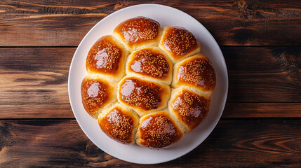 Canvas Print - Sesame seed-studded round bread loaf on a white plate resting on a wooden table