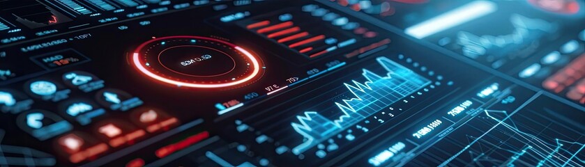 Poster - Futuristic digital interface displaying various metrics, graphs, and statistics in vibrant colors for advanced data visualization.