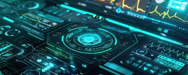 Poster - Futuristic digital interface showcasing advanced technology, data visualization, and glowing elements in a sleek design.