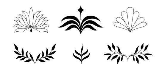 Poster - Vector set of logo design templates and graphic elements, organic cosmetic, floral illustration in simple linear hand drawn style, plants and flowers, natural products emblems