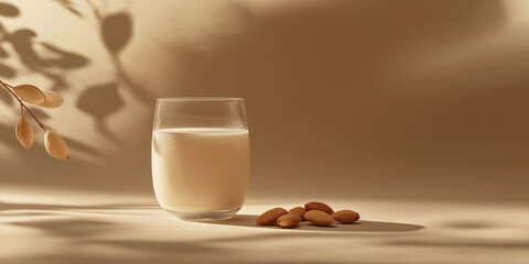 a glass of almond milk with a few almonds beside it against an isolated soft brown background