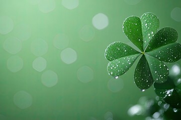 beautiful big royal green shamrock flying with droplet of water and light on green background 