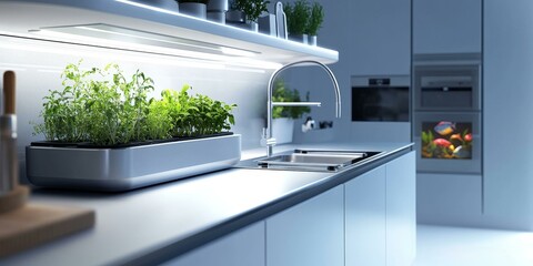 Modern kitchen with indoor herb garden and fish tank.