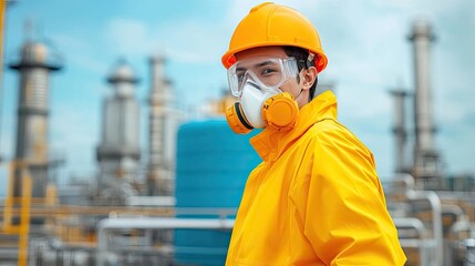 A worker in protective gear stands confidently in an industrial environment, showcasing safety measures in a chemical plant.