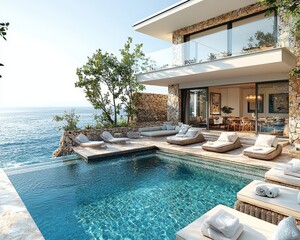 Wall Mural - Serene Retreat: Stylish Villa Terrace with Sunbeds, Blue Pool, and Breathtaking Sea View under Clear Sky