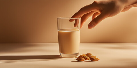 a glass of almond milk with a few almonds beside it against an isolated almond background