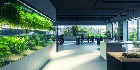 Sticker - Modern office with large windows, plants, and an aquarium.