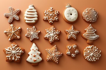 Assorted gingerbread cookies with colorful icing and sugar decorations, creating a cheerful and festive holiday scene.