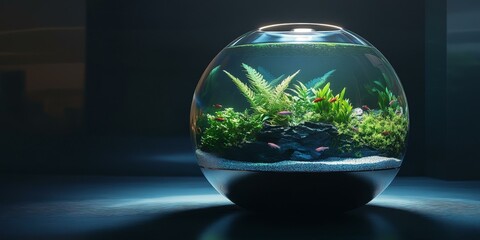 Round fishbowl with aquatic plants and fish.