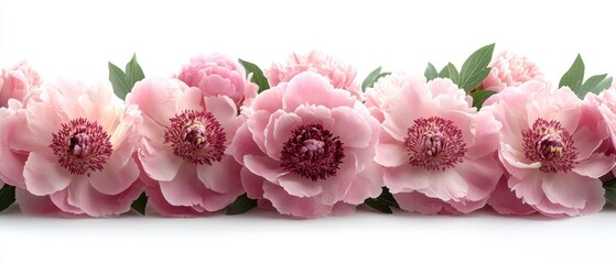 Wall Mural - A Row of Delicate Pink Peonies with Green Leaves on White Background