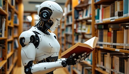 Poster - humanoid robot engrossed in reading amidst towering shelves of books in a tranquil library setting