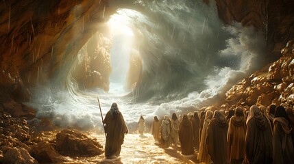 Illustrate the moment of faith as Moses, with his staff raised, leads the Israelites across the dry seabed, flanked by colossal waves of water on both sides, under a sky filled with radiant,