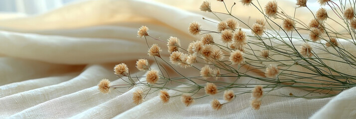 Canvas Print - Delicate dried flowers arranged on a creamy fabric, creating a soft and elegant scene.