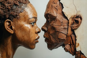 Clay Sculptures of Two Faces in Profile, One with Cracked Surface