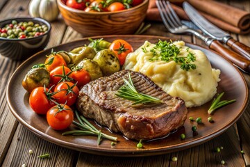 Delicious steak with mashed potatoes and vegetables rustic presentation