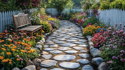 A charming cottage garden scene with softly worn stone pavers, vibrant flower beds overflowing with wildflowers, a cozy wooden bench beside a white picket fence,