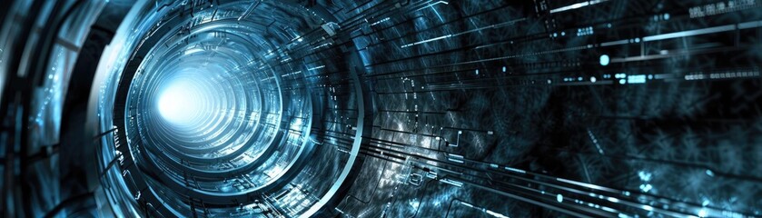 Poster - A futuristic tunnel design with glowing blue light elements, representing technology and innovation in a digital landscape.