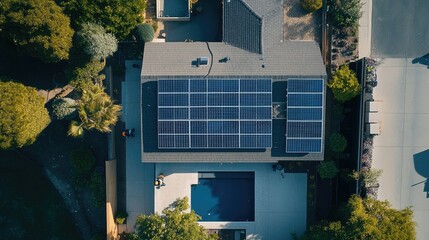 Aerial view of electricians installing solar panels on a modern roof, showcasing the panels aligned and ready for connection