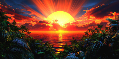 A vibrant sunset over the ocean, casting a warm glow on the lush tropical foliage.