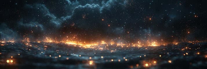 Wall Mural - A mesmerizing abstract image of a dark, starry night sky with a glow of fire in the distance.