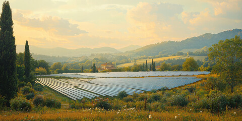 Poster - A large solar panel farm in a rural setting, with rolling hills and trees in the background.