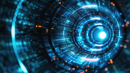 Poster - A futuristic digital tunnel with glowing blue lights and intricate patterns, representing advanced technology and virtual reality.