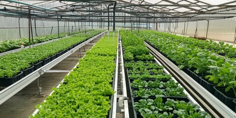 Poster - Rows of leafy green plants in a greenhouse.