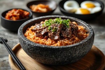 Delicious korean bibimbap with grilled meat in stone bowl and side dishes