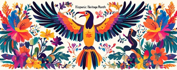 Toucan bird spreading its wings amidst vibrant flowers to celebrate hispanic heritage month: an illustration