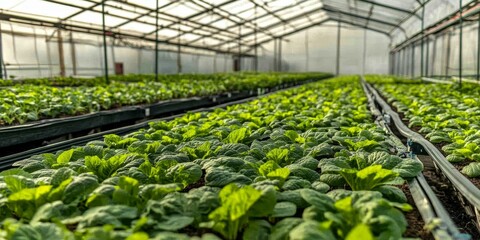 Poster - Rows of lush green plants growing in a greenhouse.