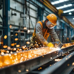 Poster - A man in a yellow and orange safety suit is working with a metal sheet