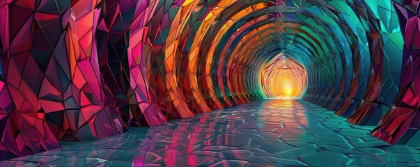 Poster - A vibrant colorful tunnel with geometric patterns, illuminated by a warm light at the end, creating a surreal atmosphere.