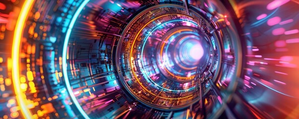 Poster - Abstract tunnel with vibrant colors and futuristic lights creating a mesmerizing visual effect in a tech-inspired environment.