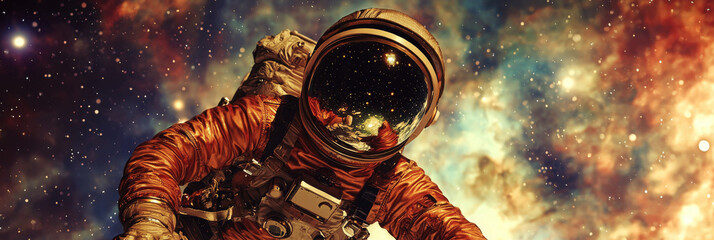 Wall Mural - An astronaut floats in space, surrounded by a vast nebula. The helmet reflects the cosmic beauty, making the scene surreal.