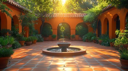 A Mediterranean-style patio with terracotta pavers, surrounded by olive trees and vibrant green plants, the central water fountain creating soft ripples, golden sunlight streaming through the trees,