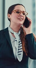 Poster - Woman, flight attendant and walking with discussion in phone call at airport for communication and networking. Female person, employee and smile or happy as air hostess with luggage for traveling