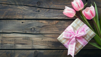 Exquisite Gift Box Adorned with Pink Tulips on Wooden Table - Perfect for Any Occasion! (7:4 Aspect