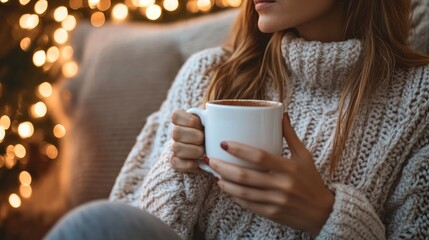 A woman is sitting on a couch with a mug of coffee in her hand