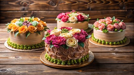 Wall Mural - Floral cakes creatively decorated with love on wooden background for special occasions